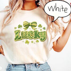 Faux Yarn Crochet Coquette Bow Lucky White T-Shirt